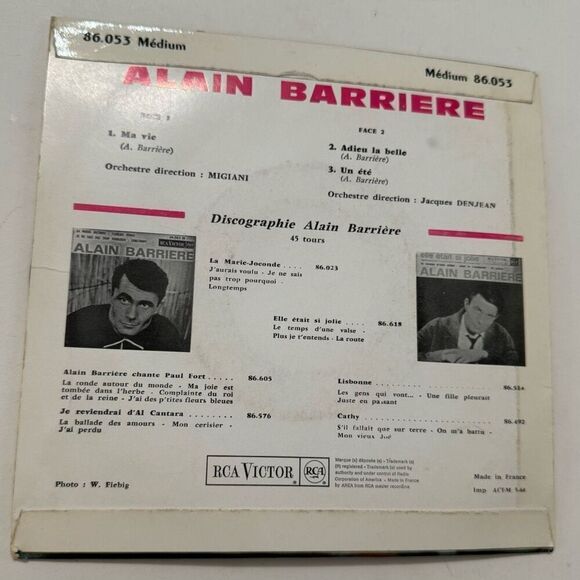 Vtg Vinyl Record 45 RPM Alain Barriere Ma Vie Ref 86.053 M RCA 7" Single France - Picture 2 of 8